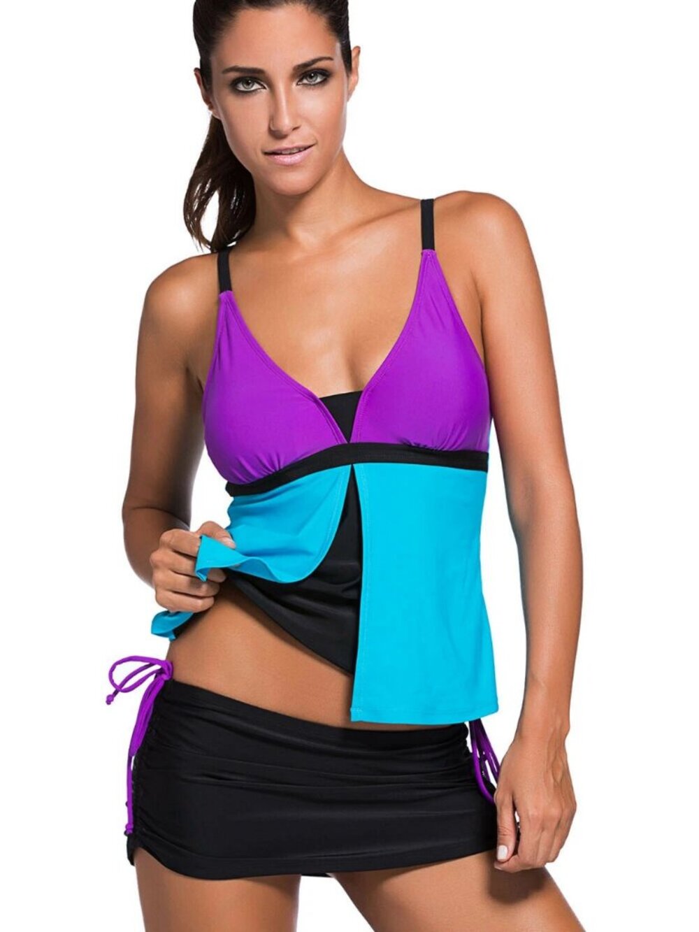 Women Layered Deep V Neck Color Block Tankini 2 PC Swimsuit Set with Skirt